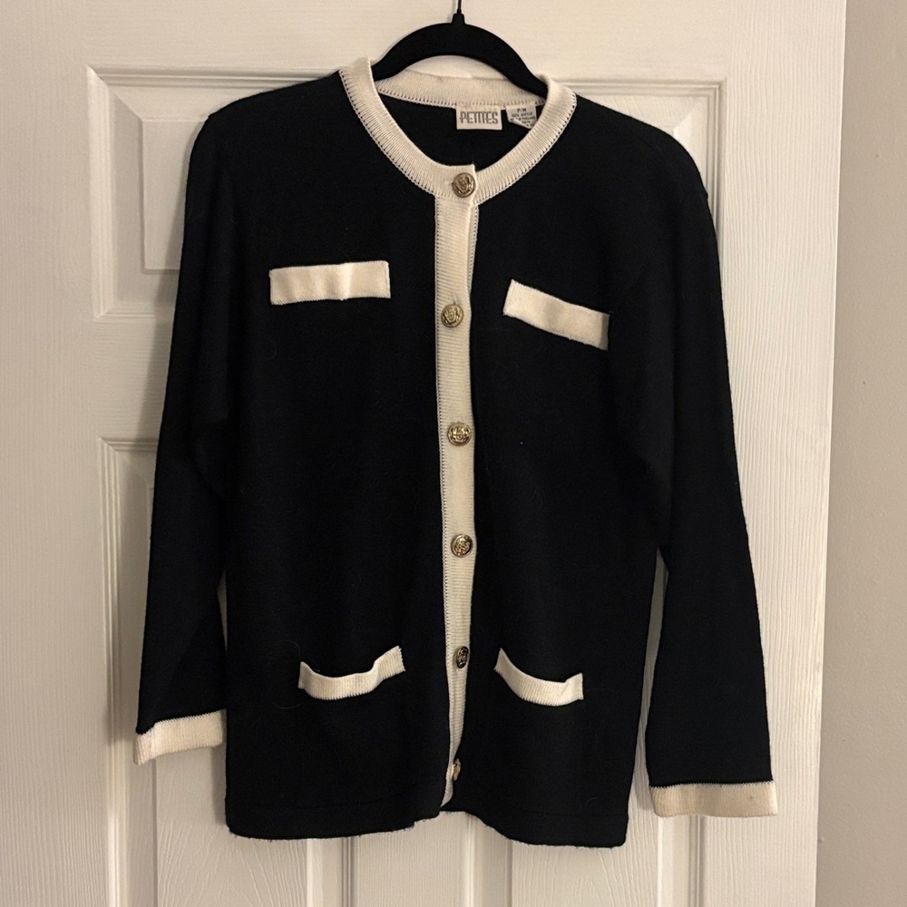 Vintage Black and White Cardigan with Gold Button Details